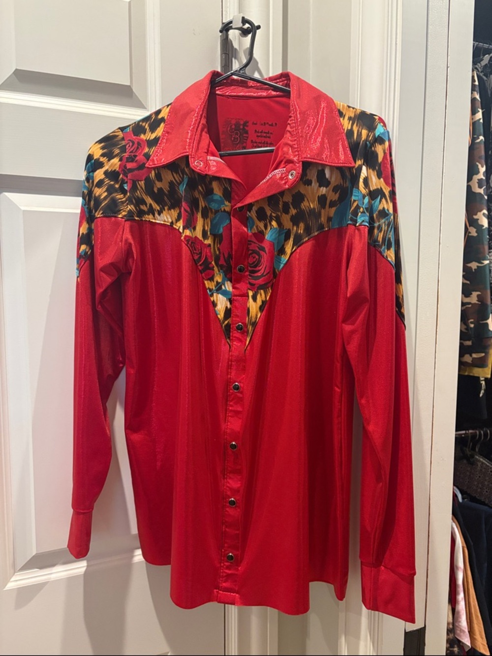 Red Shiny Western-Style, pullover, fake Button Down Shirt with Floral Yoke